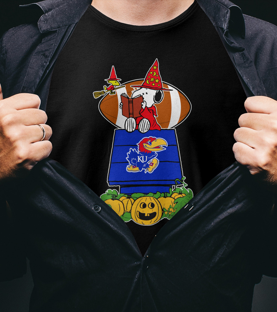 Kansas Jayhawks Snoopy Wizard Halloween Football Pumpkins T-Shirt