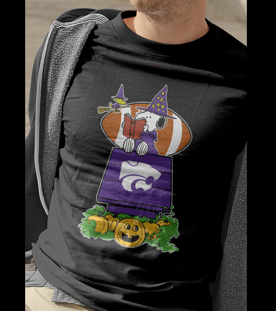 Kansas State Wildcats Snoopy Halloween Witch Hat Pumpkin Football Scene T-Shirt