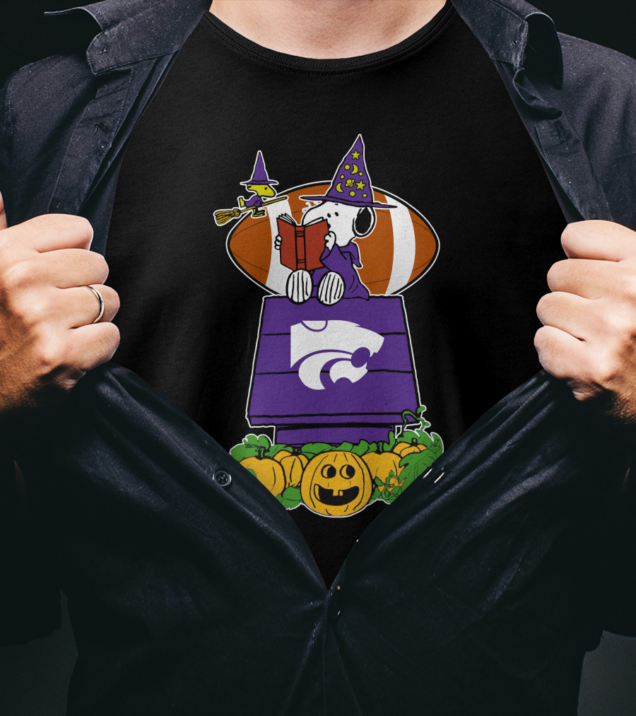 Kansas State Wildcats Snoopy Halloween Witch Hat Pumpkin Football Scene T-Shirt