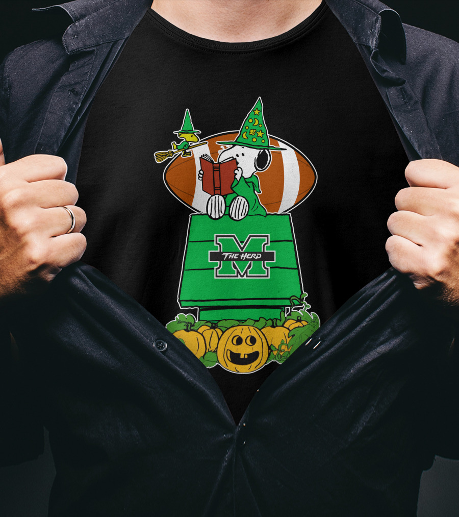 Marshall Thundering Herd Snoopy Halloween Witch Reading Book And Football T-Shirt