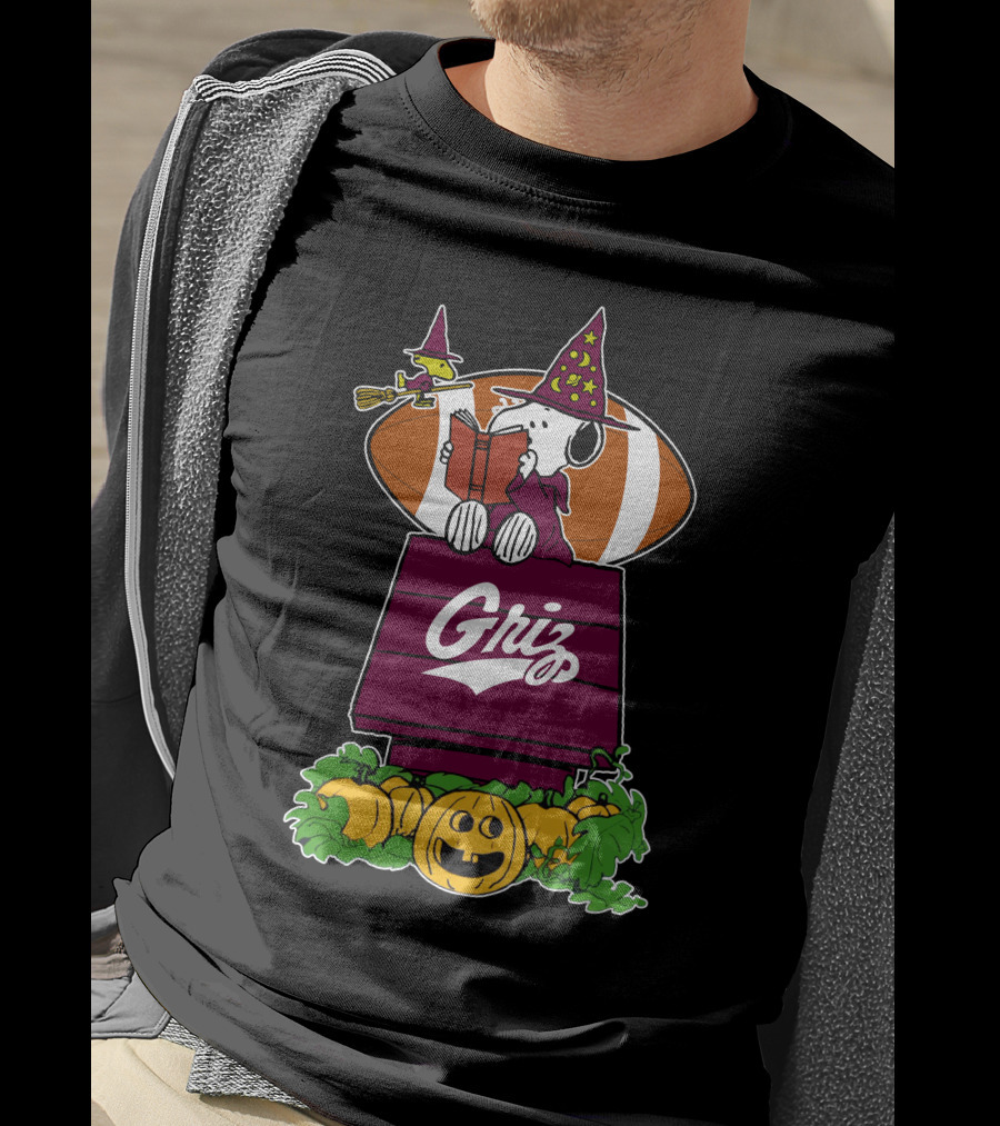 Montana Grizzlies Snoopy Halloween Witch And Pumpkin Football T-Shirt