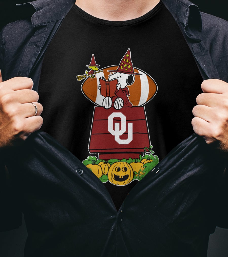 Oklahoma Sooners Snoopy Halloween Witch Woodstock Pumpkins Football T-Shirt