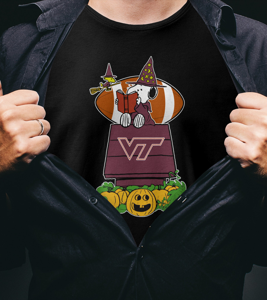 Virginia Tech Hokies Snoopy Halloween Witch Woodstock Football Pumpkin House T-Shirt
