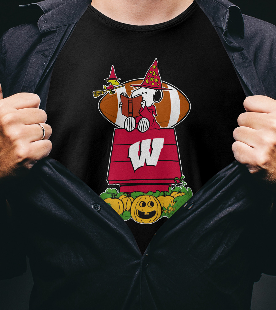 Wisconsin Badgers Snoopy Halloween Witch Hat Woodstock Pumpkin T-Shirt