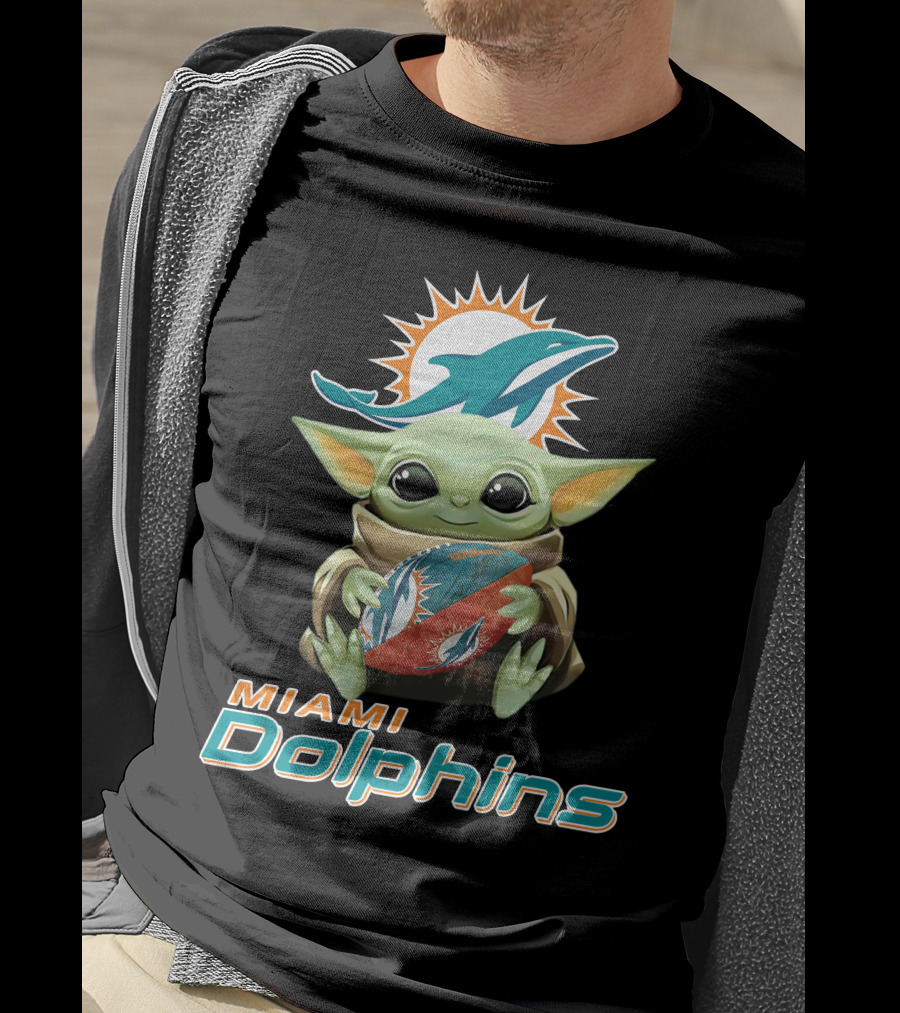 Miami Dolphins Baby Yoda Holding Football With Team T-Shirt