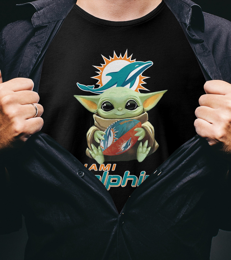 Miami Dolphins Baby Yoda Holding Football With Team T-Shirt