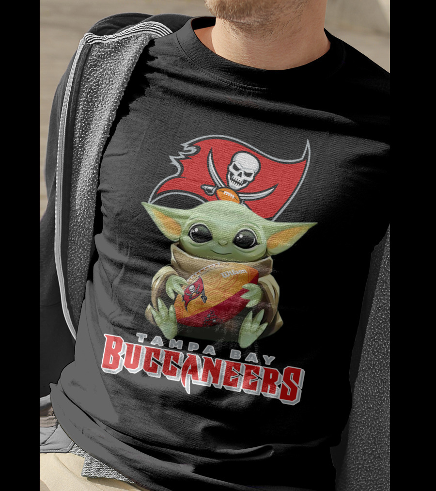 Tampa Bay Buccaneers Baby Yoda Holding Wilson Football T-Shirt