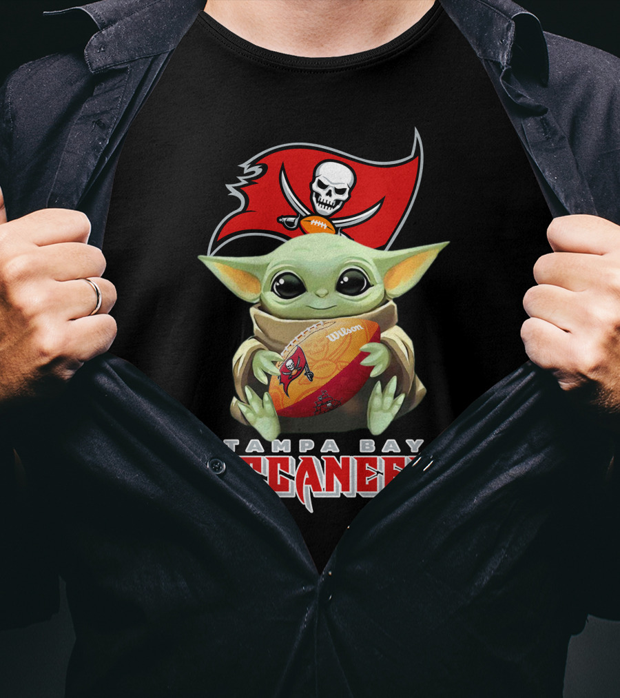 Tampa Bay Buccaneers Baby Yoda Holding Wilson Football T-Shirt
