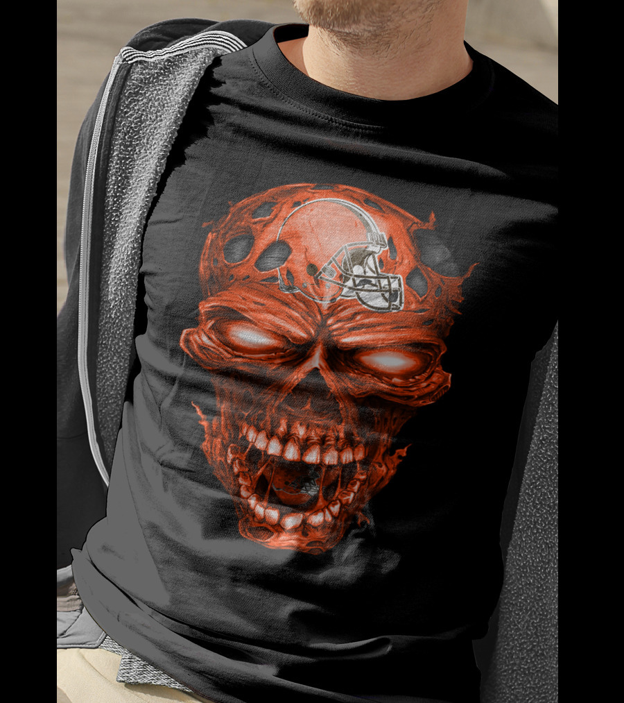 Cleveland Browns Helmet On Fiery Red Skull T-Shirt
