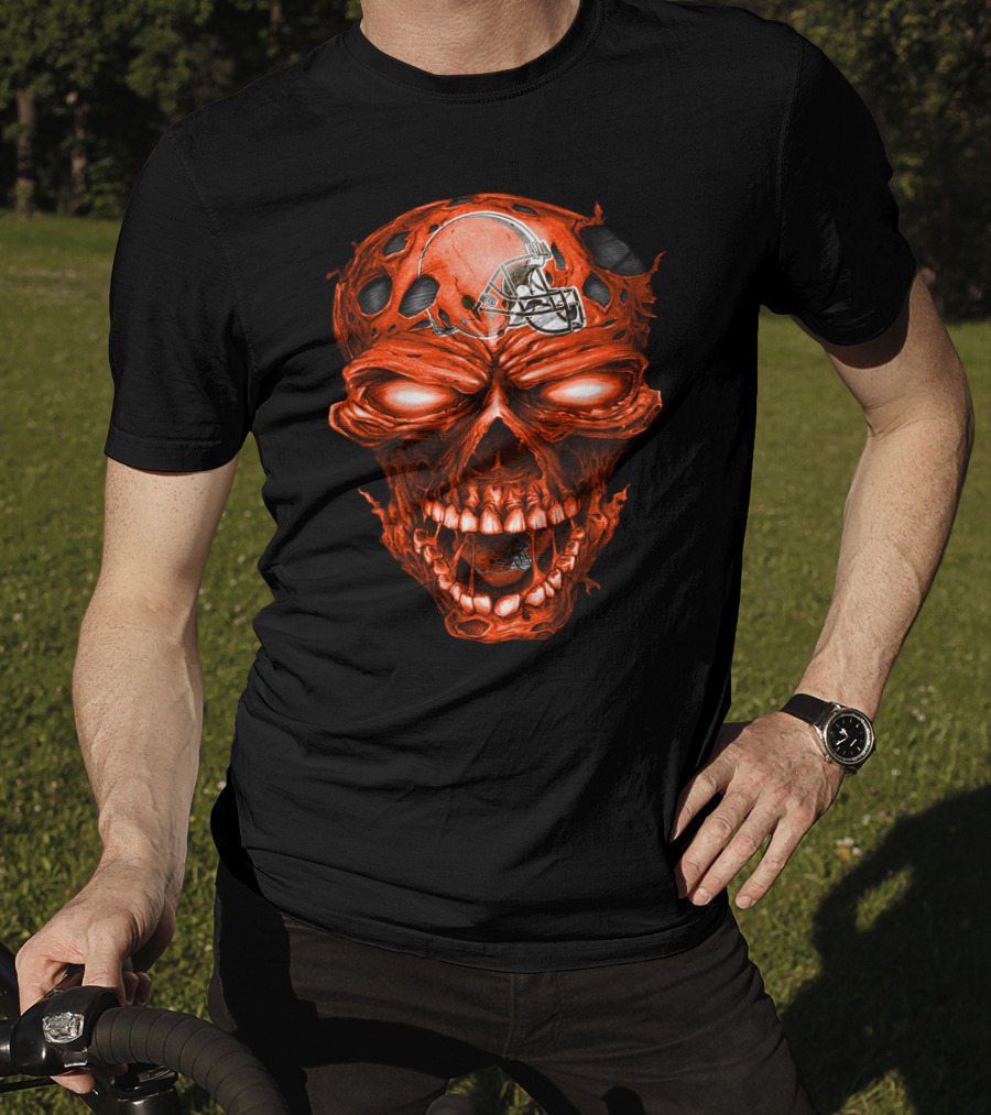 Cleveland Browns Helmet On Fiery Red Skull T-Shirt