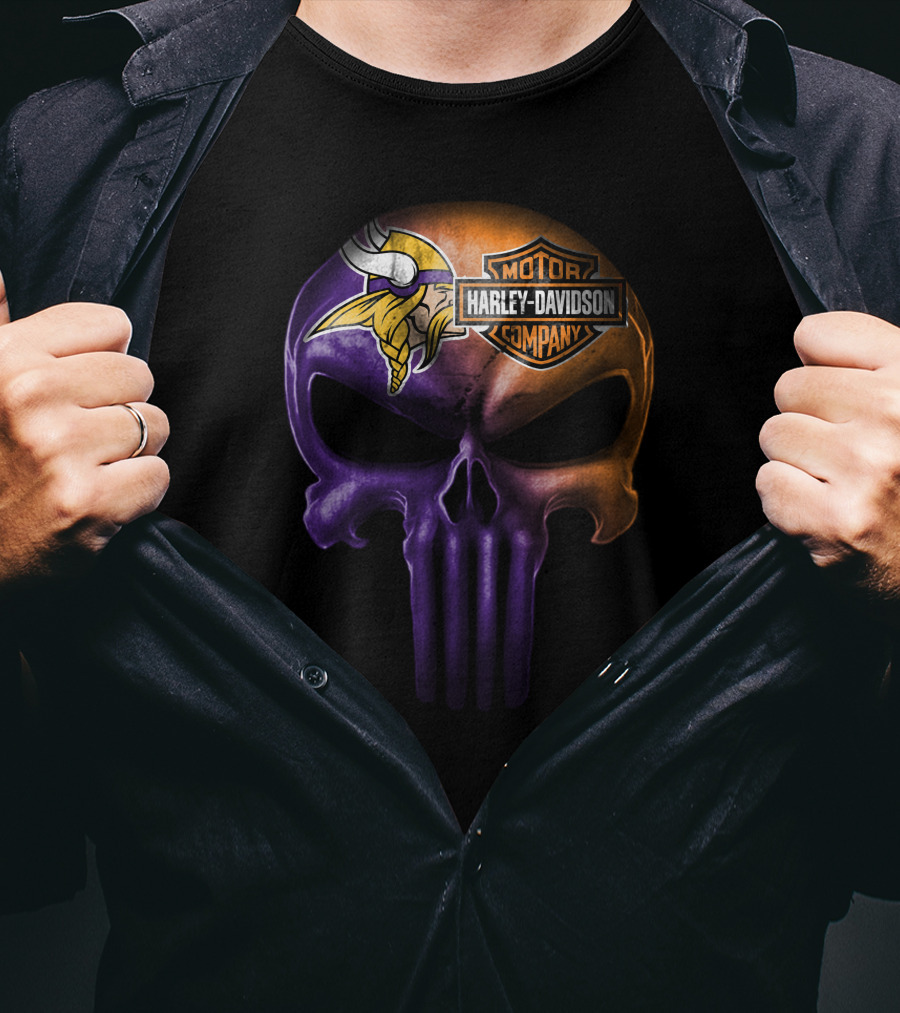 Minnesota Vikings Skull Harley Davidson Motor Company T-Shirt