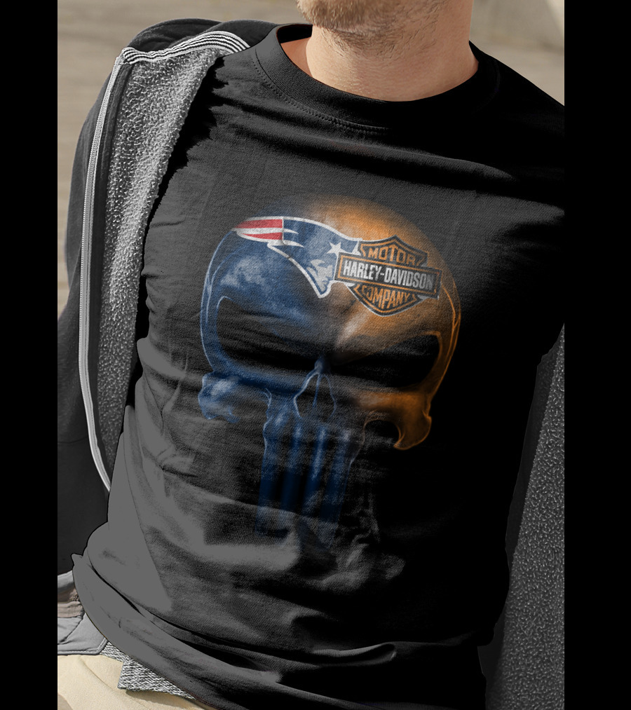 New England Patriots Skull Harley Davidson Crossover T-Shirt