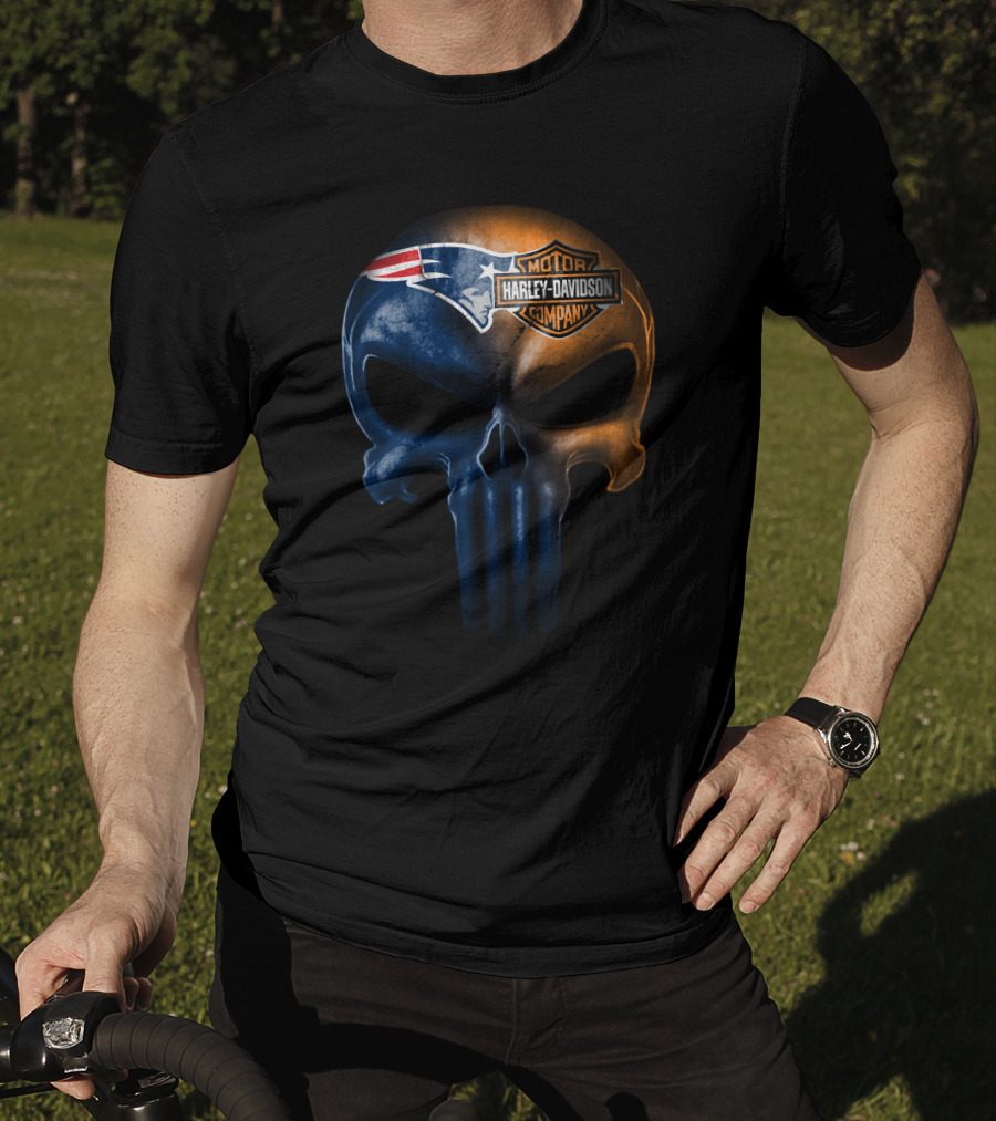 New England Patriots Skull Harley Davidson Crossover T-Shirt