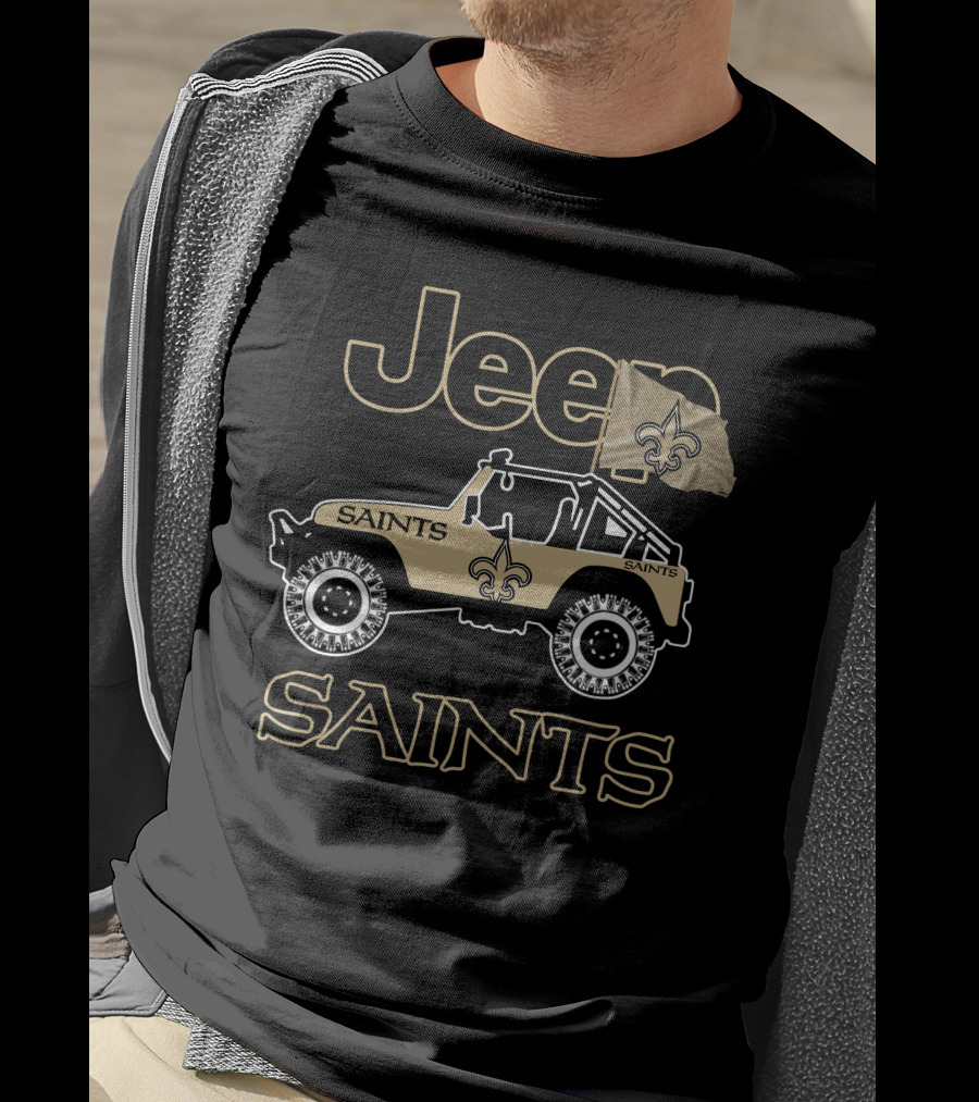 New Orleans Saints Jeep Vehicle With Fleur-De-Lis Flag T-Shirt