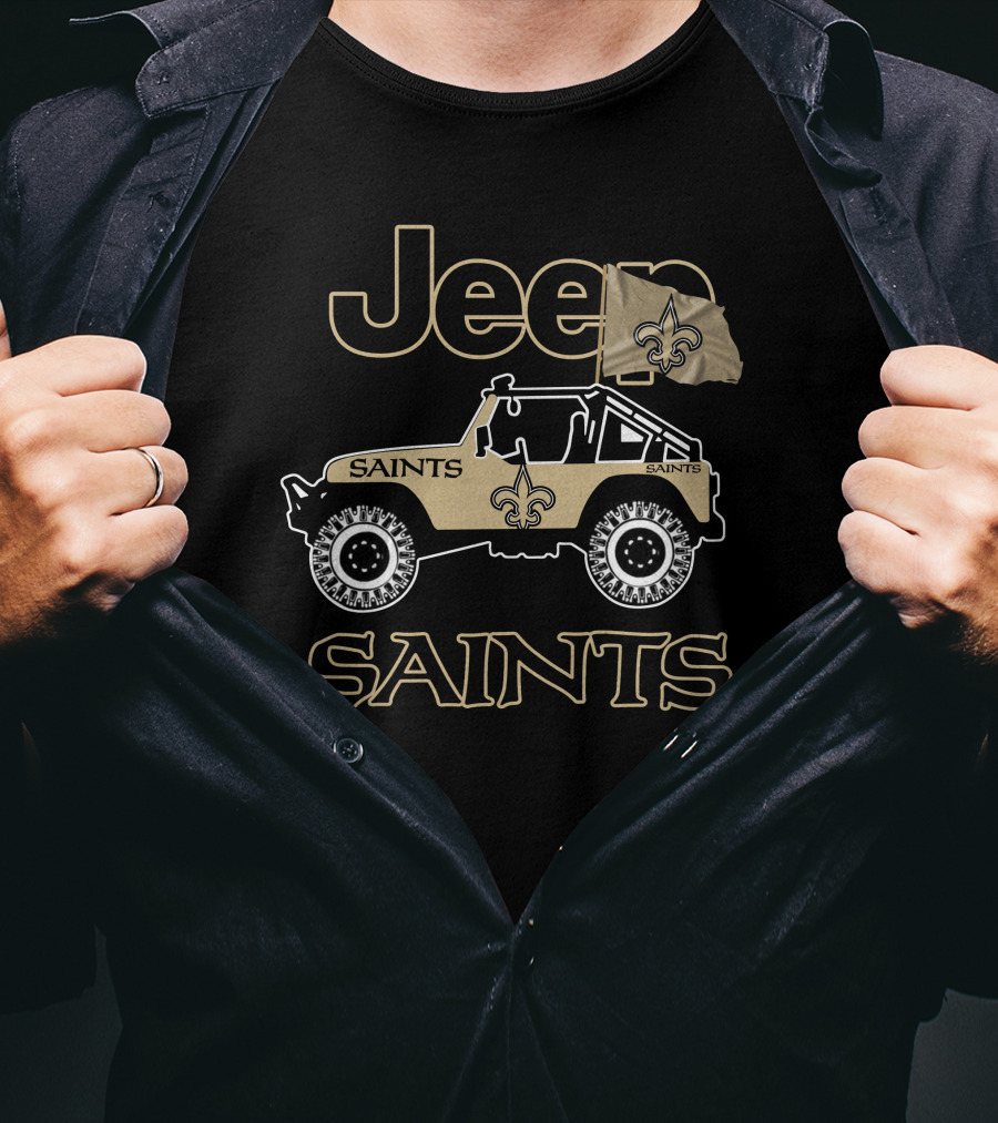 New Orleans Saints Jeep Vehicle With Fleur-De-Lis Flag T-Shirt