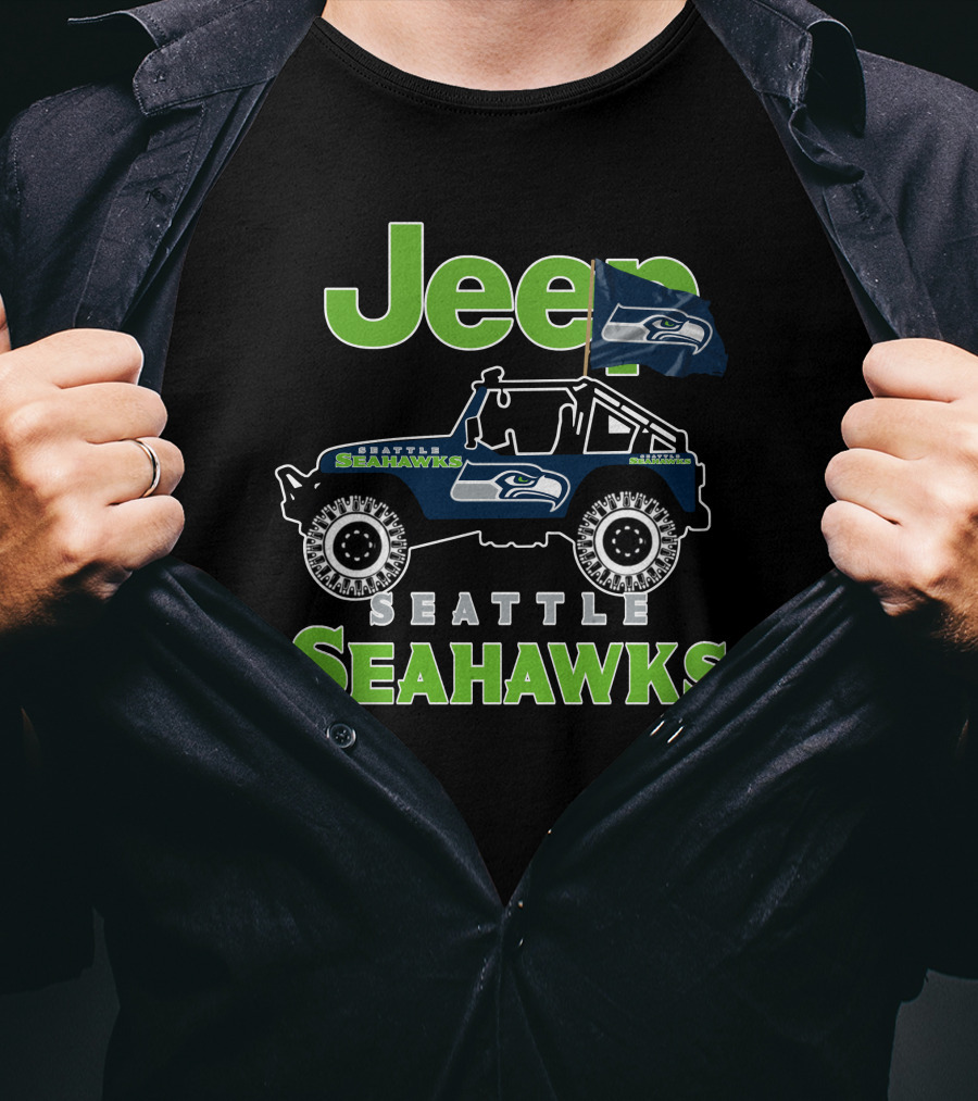 Jeep Seattle Seahawks Team Logo With Flag And Off-Road Vehicle T-Shirt