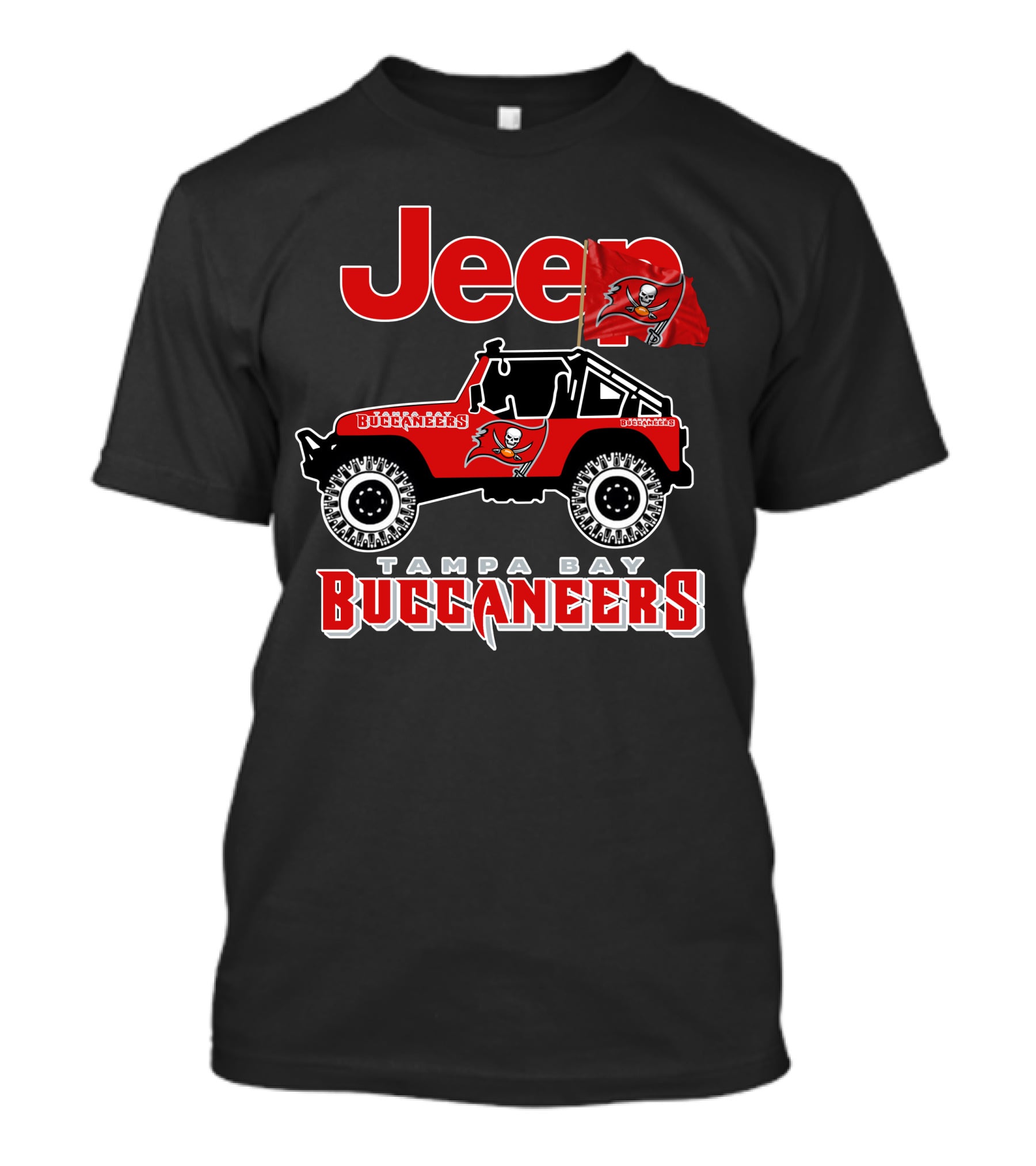 Tampa Bay Buccaneers Jeep With Logo And Flag T-Shirt