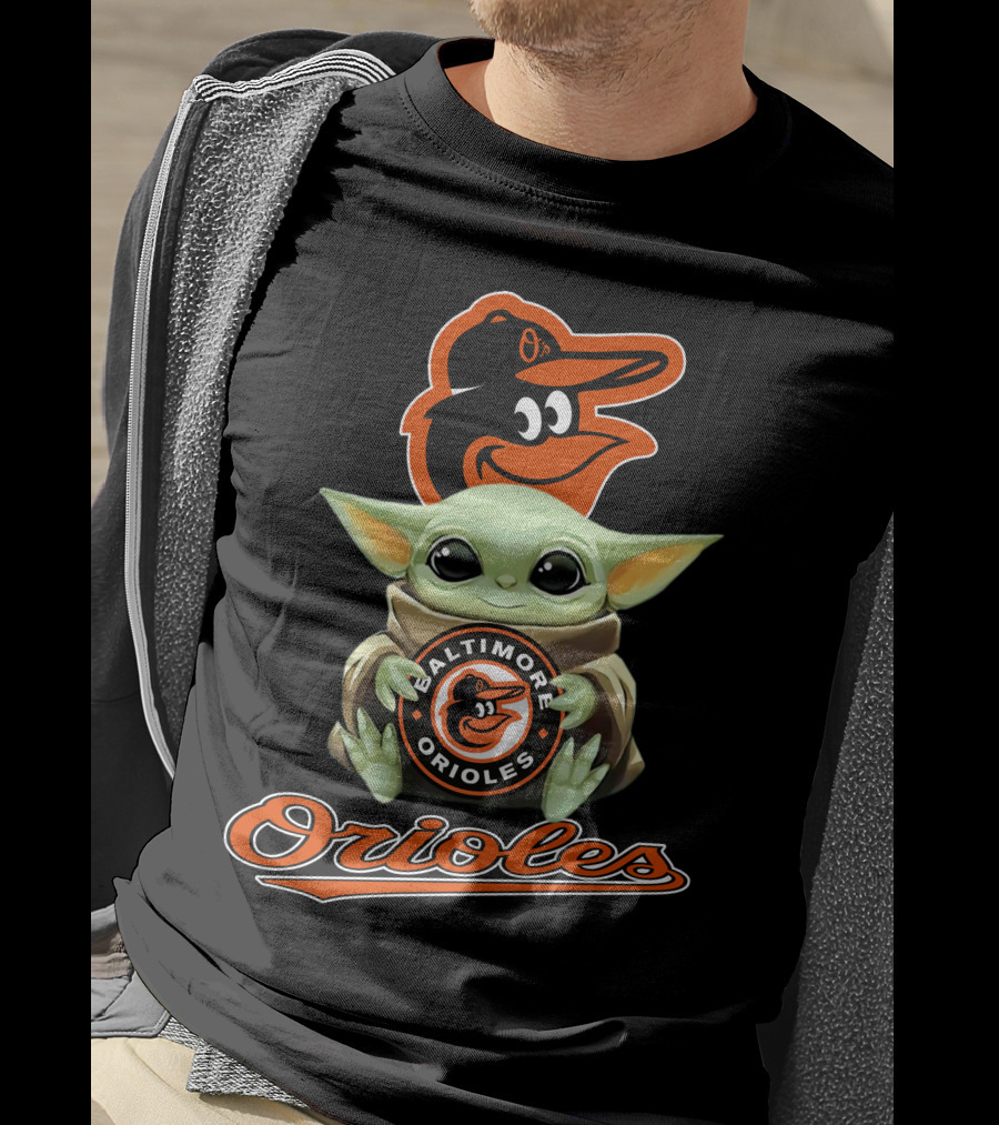 Baltimore Orioles Baby Yoda Holding Logo With Mascot And Team Name T-Shirt