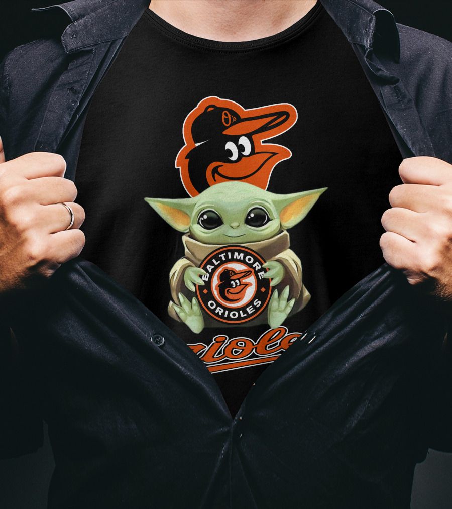 Baltimore Orioles Baby Yoda Holding Logo With Mascot And Team Name T-Shirt