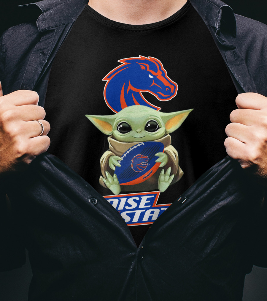 Boise State Broncos Baby Yoda Holding Football T-Shirt