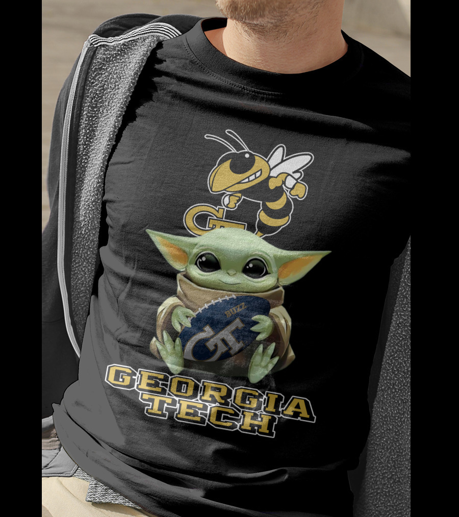 Georgia Tech Yellow Jackets Baby Yoda Holding Buzz Football T-Shirt