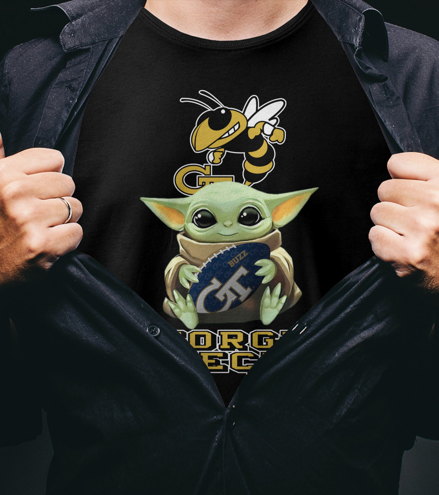 Georgia Tech Yellow Jackets Baby Yoda Holding Buzz Football T-Shirt