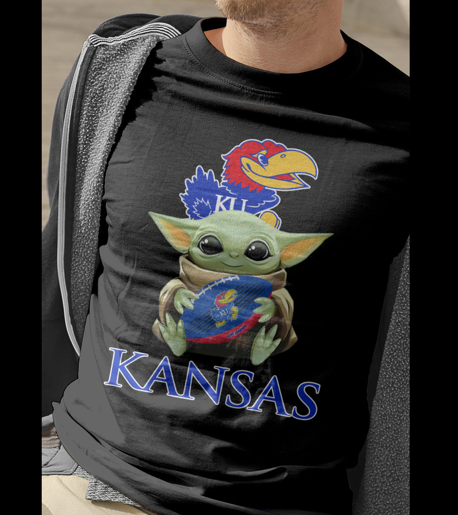 Kansas Jayhawks Baby Yoda Football Holding Ku T-Shirt