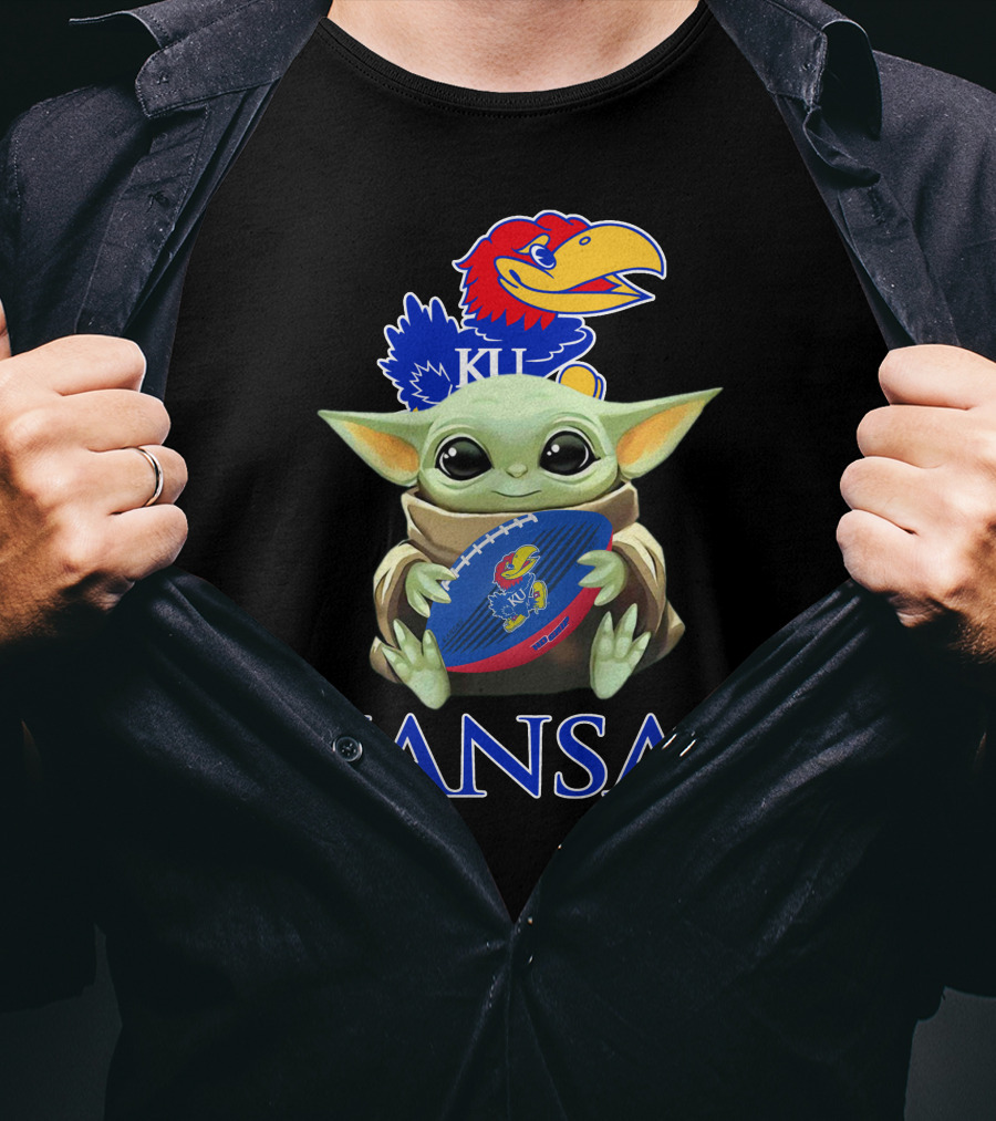 Kansas Jayhawks Baby Yoda Football Holding Ku T-Shirt