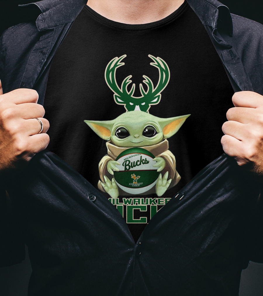 Milwaukee Bucks Baby Yoda Holding Bucks Basketball Star Wars Crossover T-Shirt
