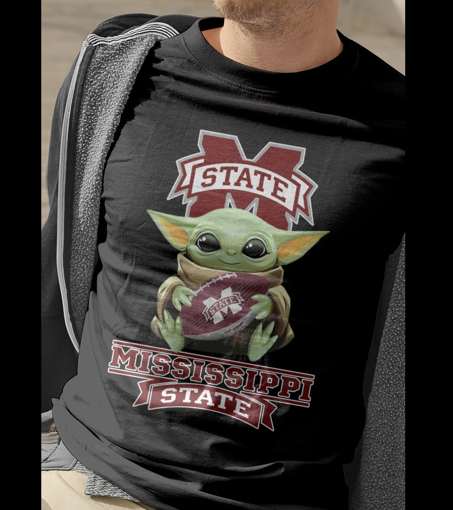 Mississippi State Bulldogs Baby Yoda Holding Football T-Shirt