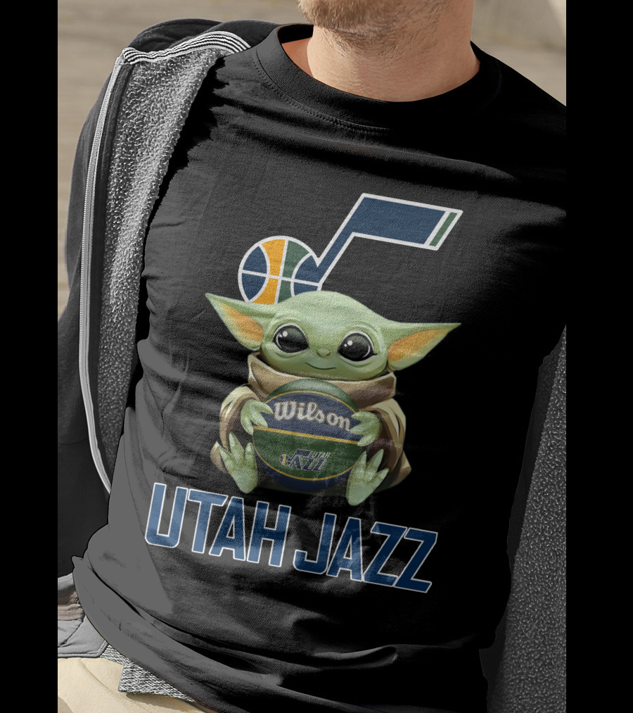 Utah Jazz Baby Yoda Holding Wilson Basketball T-Shirt
