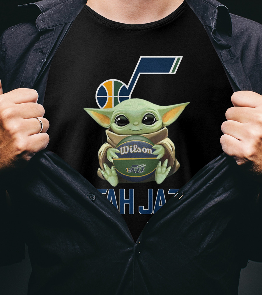 Utah Jazz Baby Yoda Holding Wilson Basketball T-Shirt