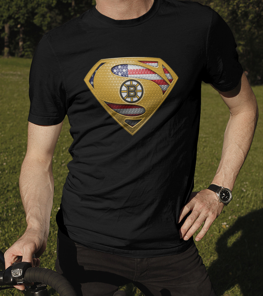 Boston Bruins Superman Shield American Flag T-Shirt