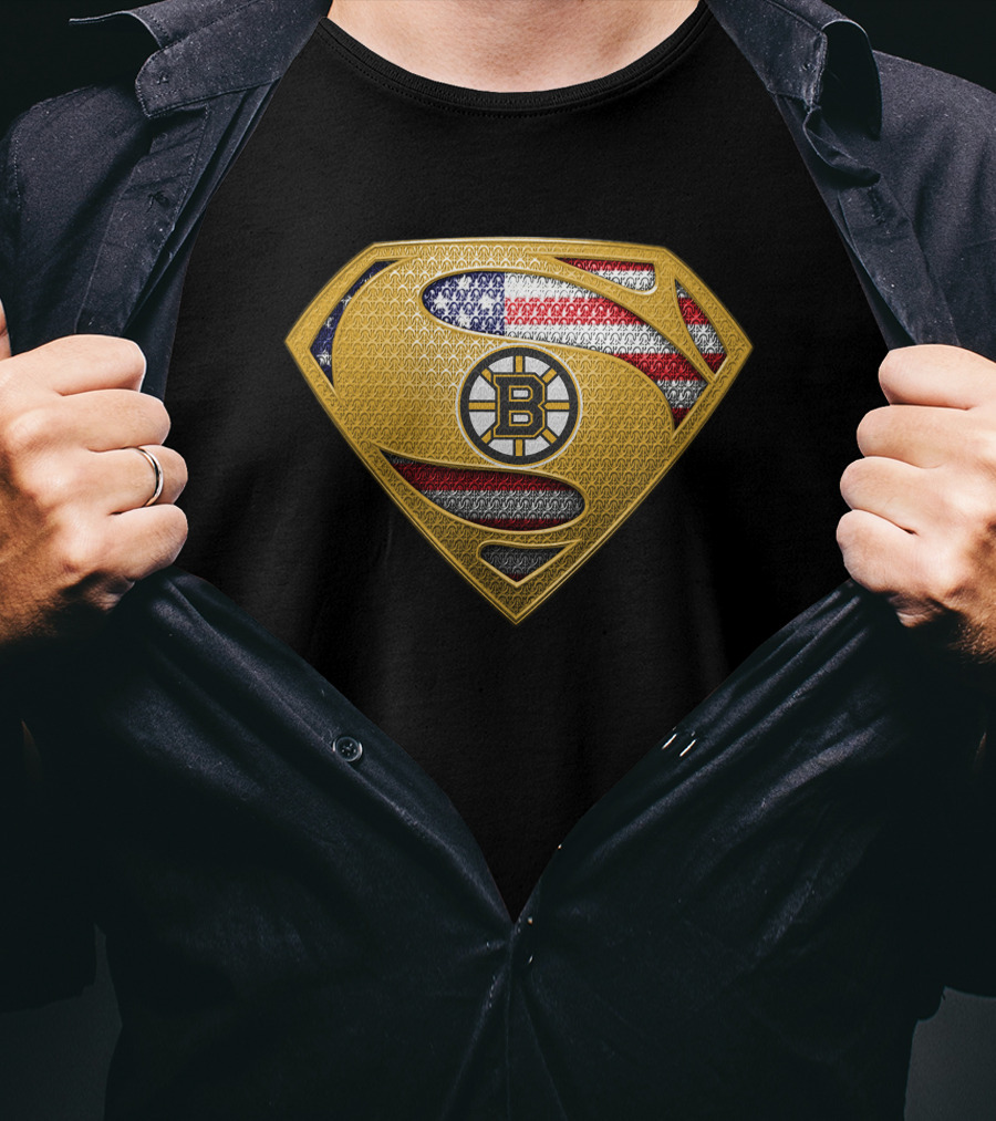 Boston Bruins Superman Shield American Flag T-Shirt