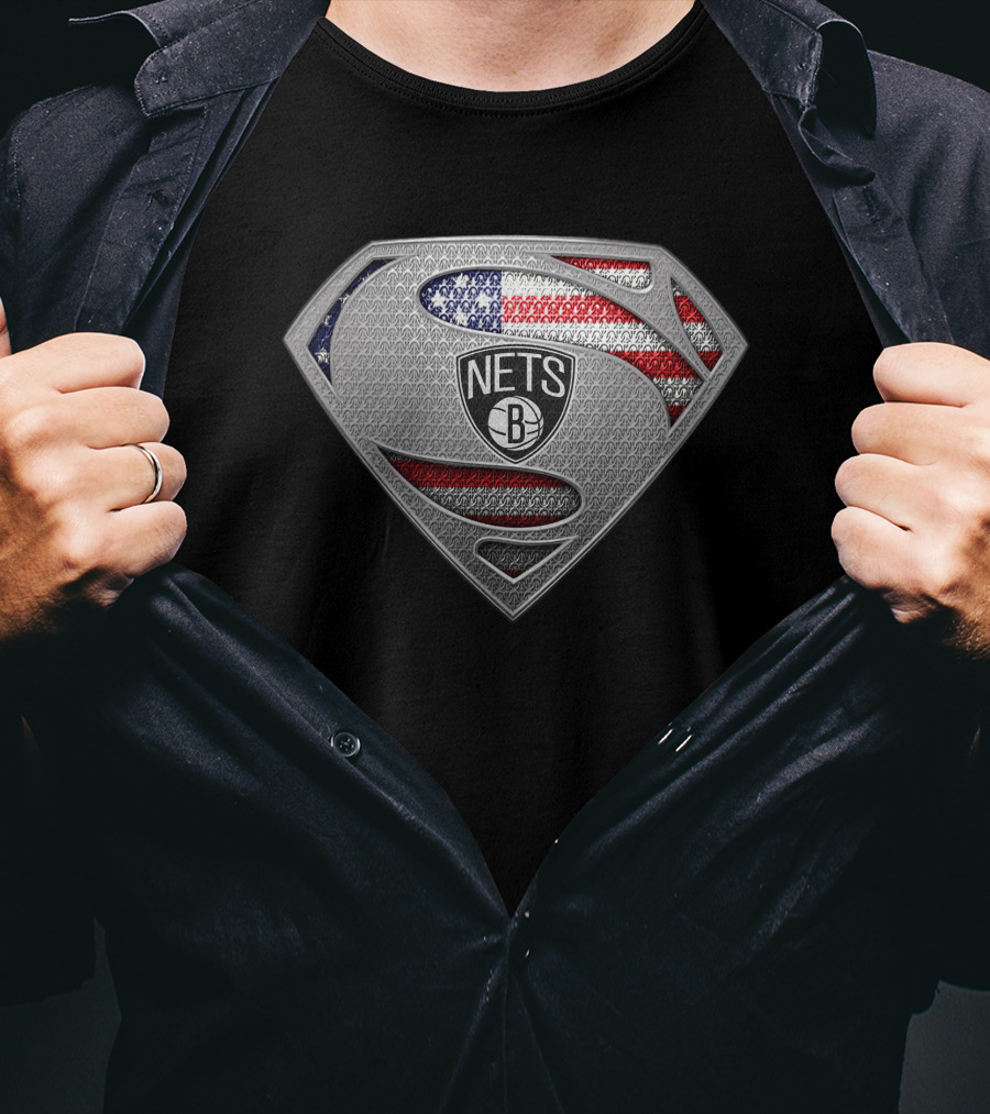 Brooklyn Nets Superman With American Flag And Shield T-Shirt
