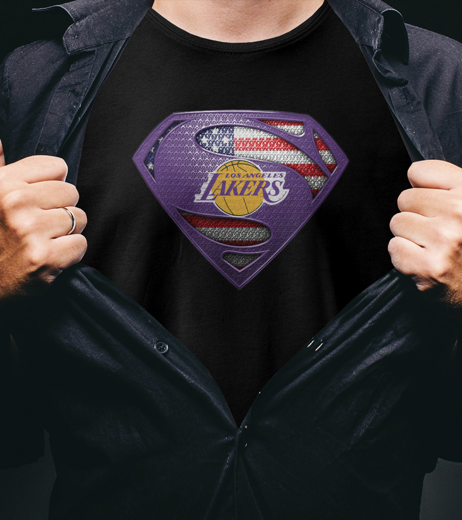 Los Angeles Lakers Superman Shield American Flag T-Shirt