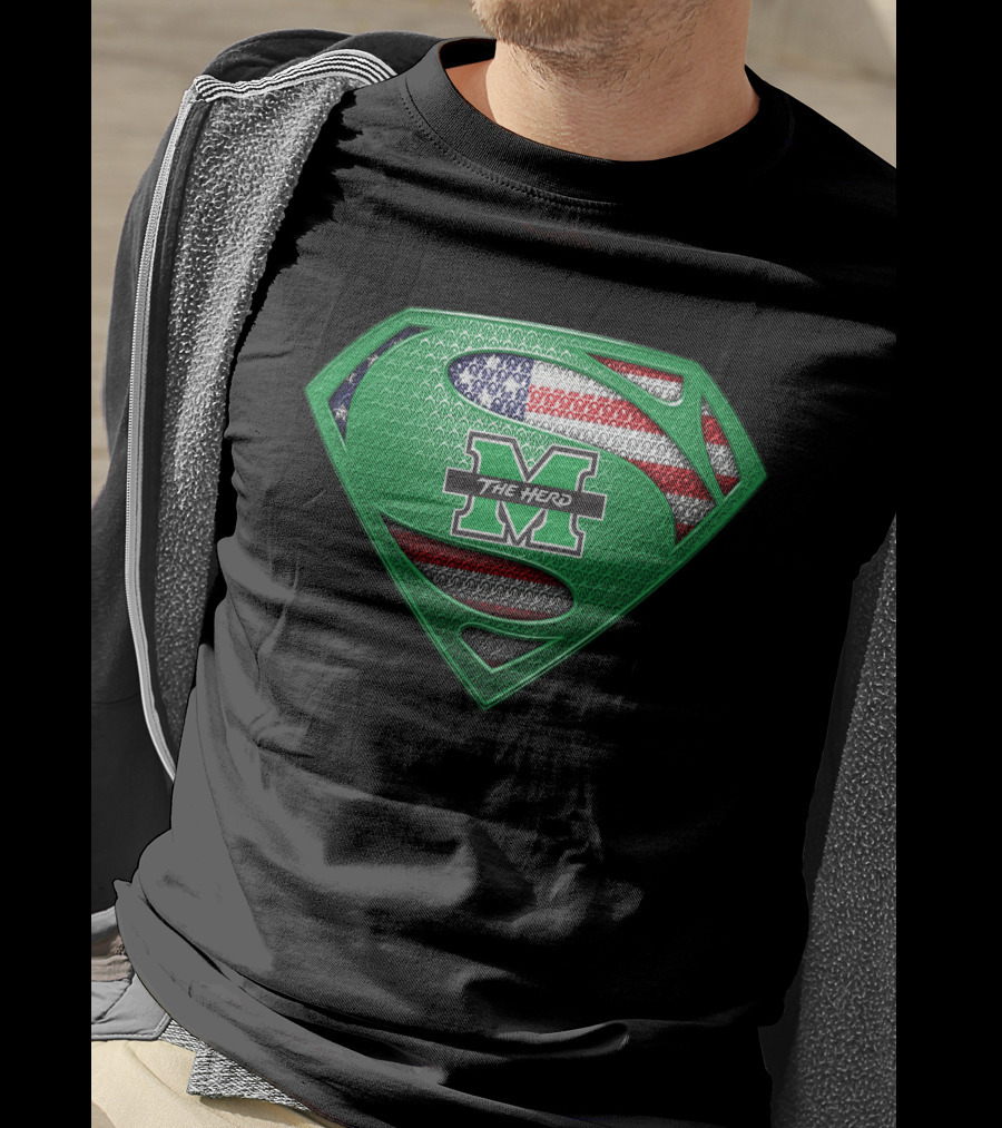 Marshall Thundering Herd Superman Logo With American Flag Element T-Shirt