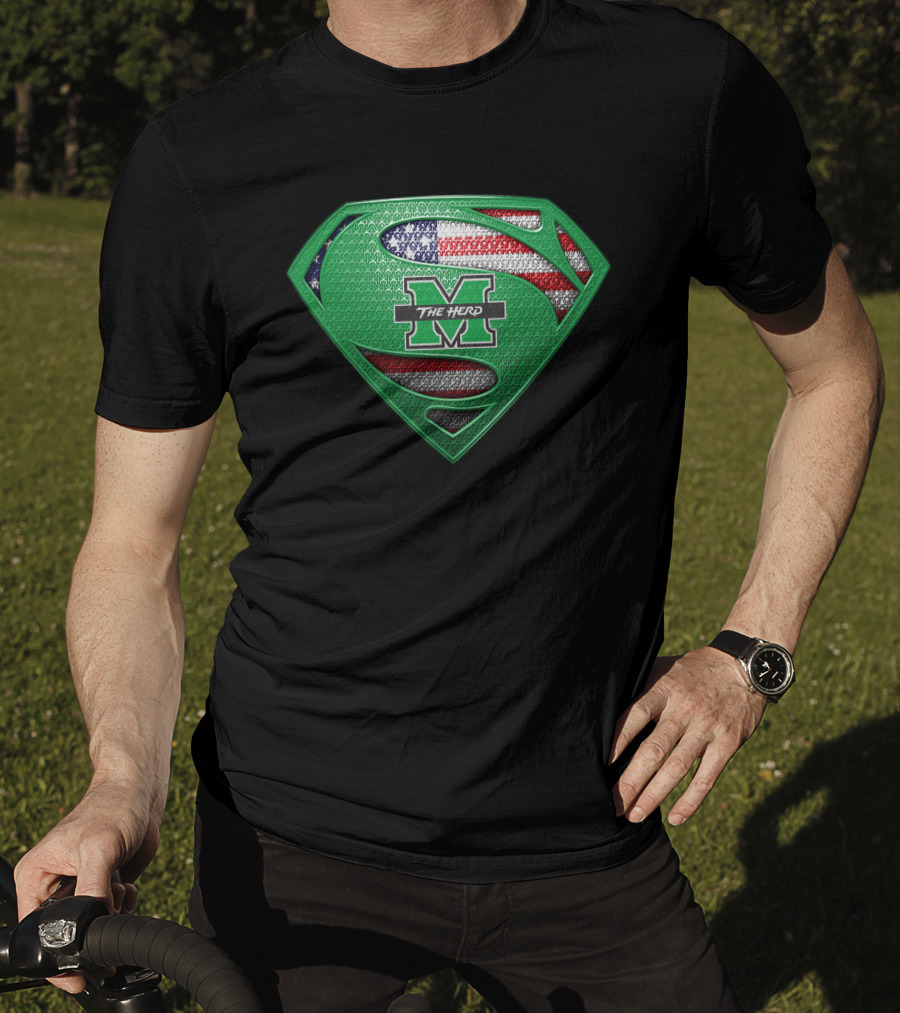 Marshall Thundering Herd Superman Logo With American Flag Element T-Shirt