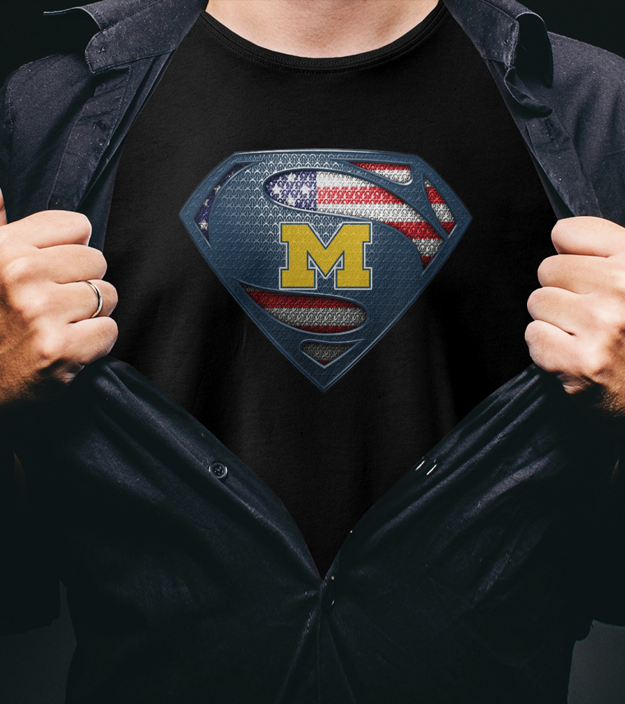 Michigan Wolverines Superman Logo American Flag T-Shirt