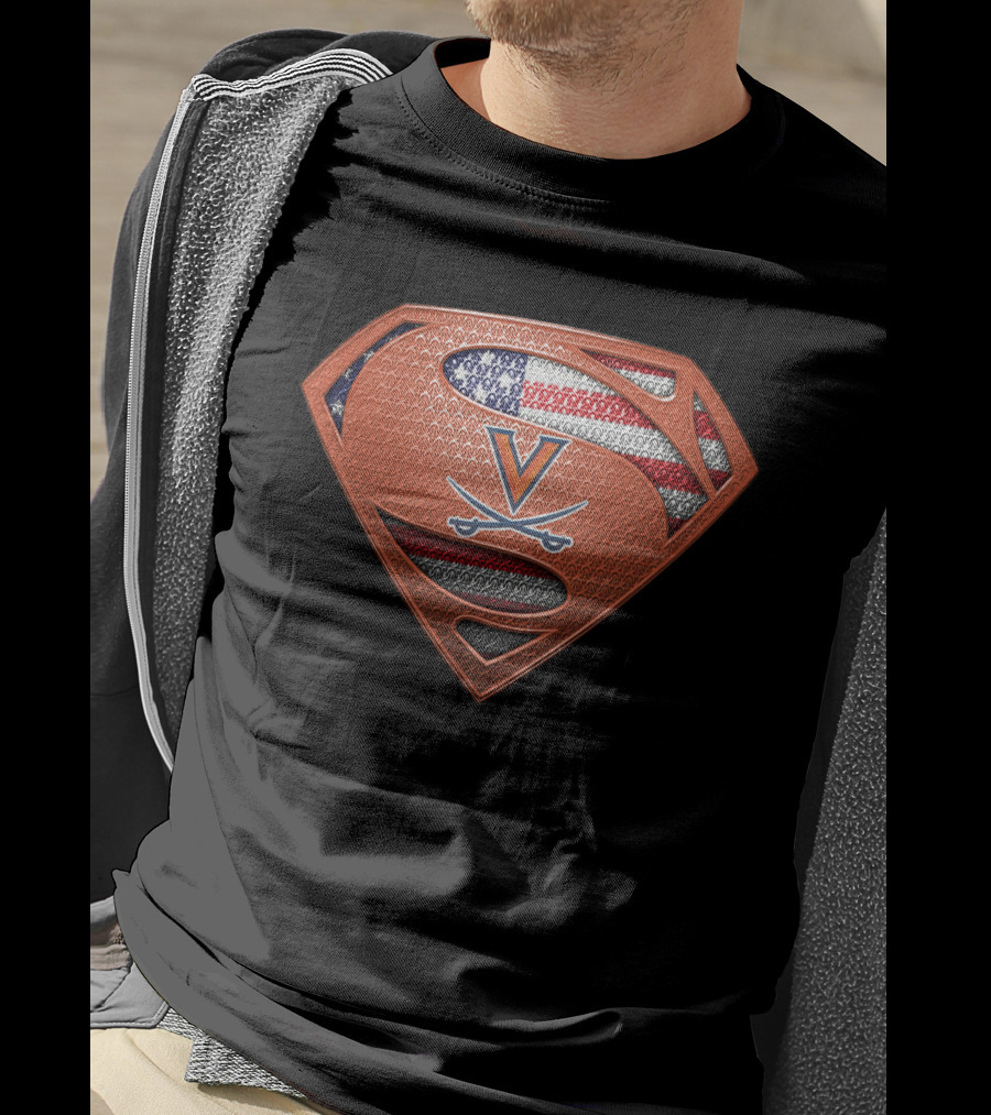 Virginia Cavaliers Superman Logo American Flag Badge T-Shirt