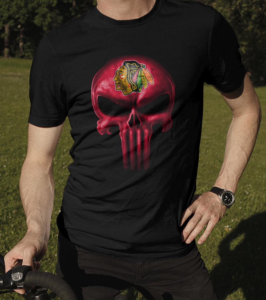 Chicago Blackhawks Punisher Style Skull T-Shirt