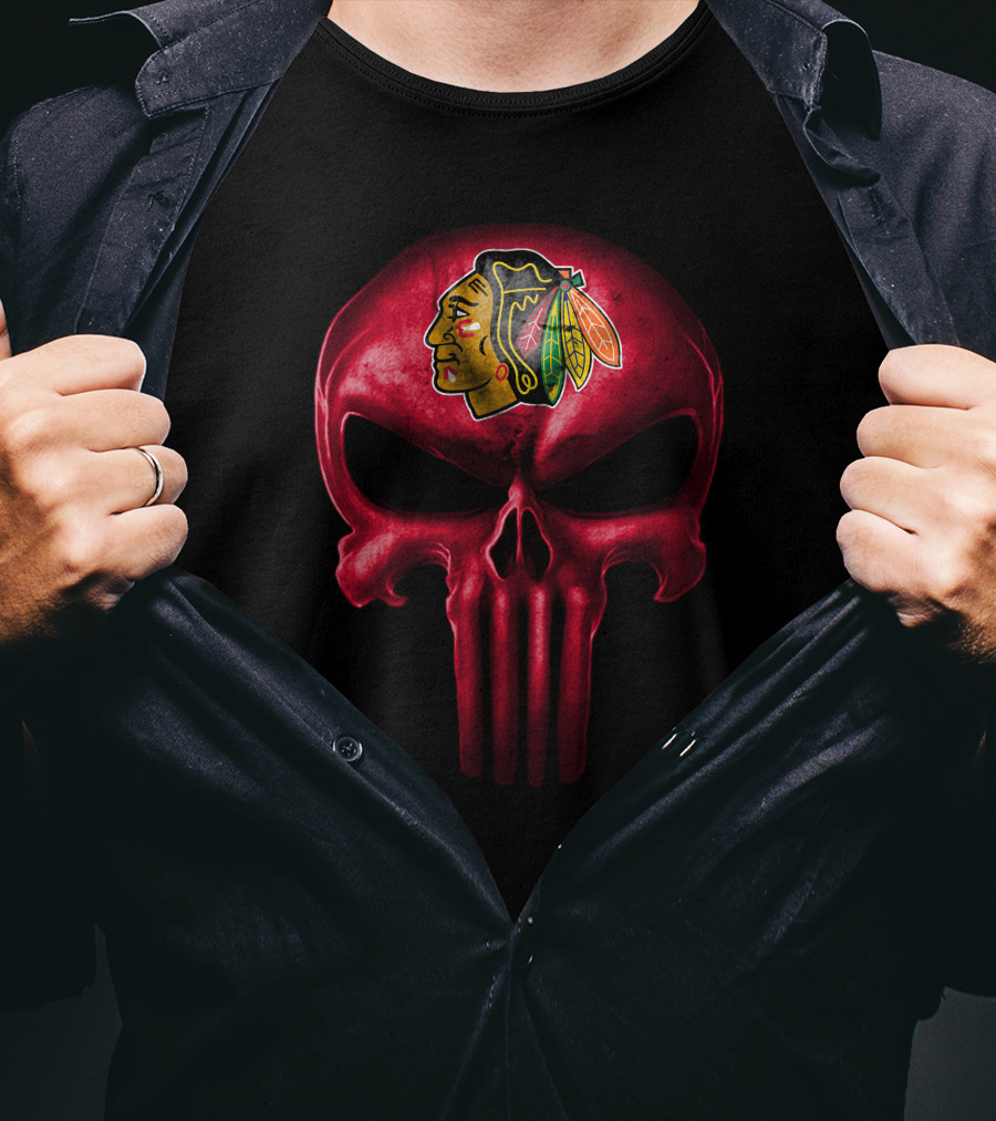 Chicago Blackhawks Punisher Style Skull T-Shirt