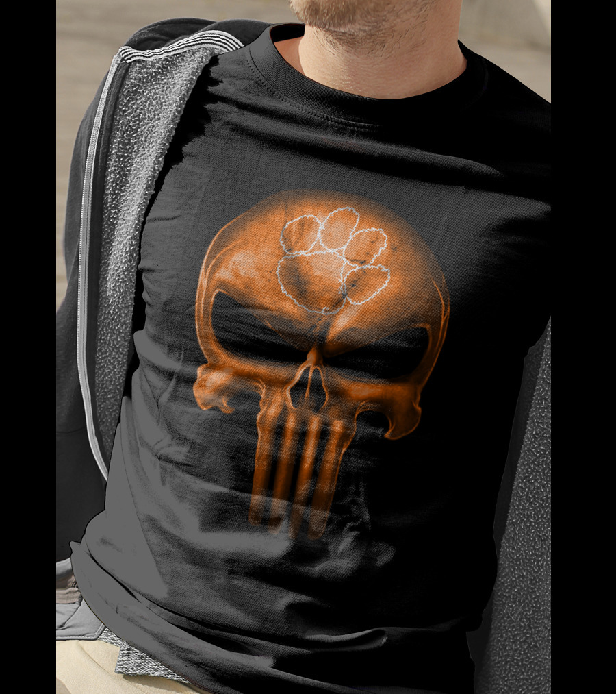 Clemson Tigers Skull With Orange Punisher Style And Paw T-Shirt