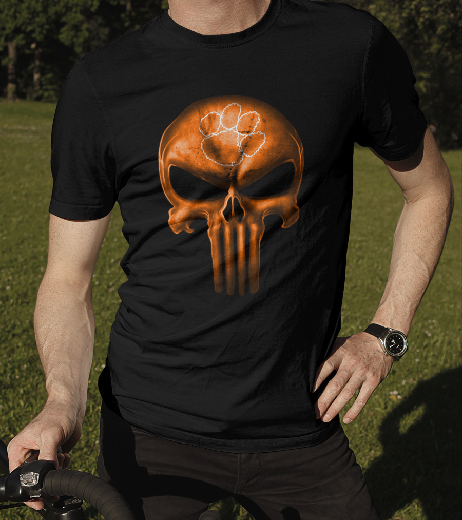 Clemson Tigers Skull With Orange Punisher Style And Paw T-Shirt