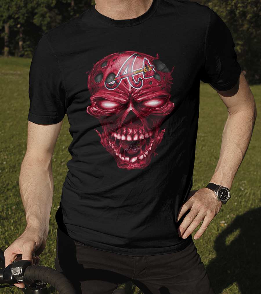 Atlanta Braves Red Skull With Team Logo And Tomahawk T-Shirt