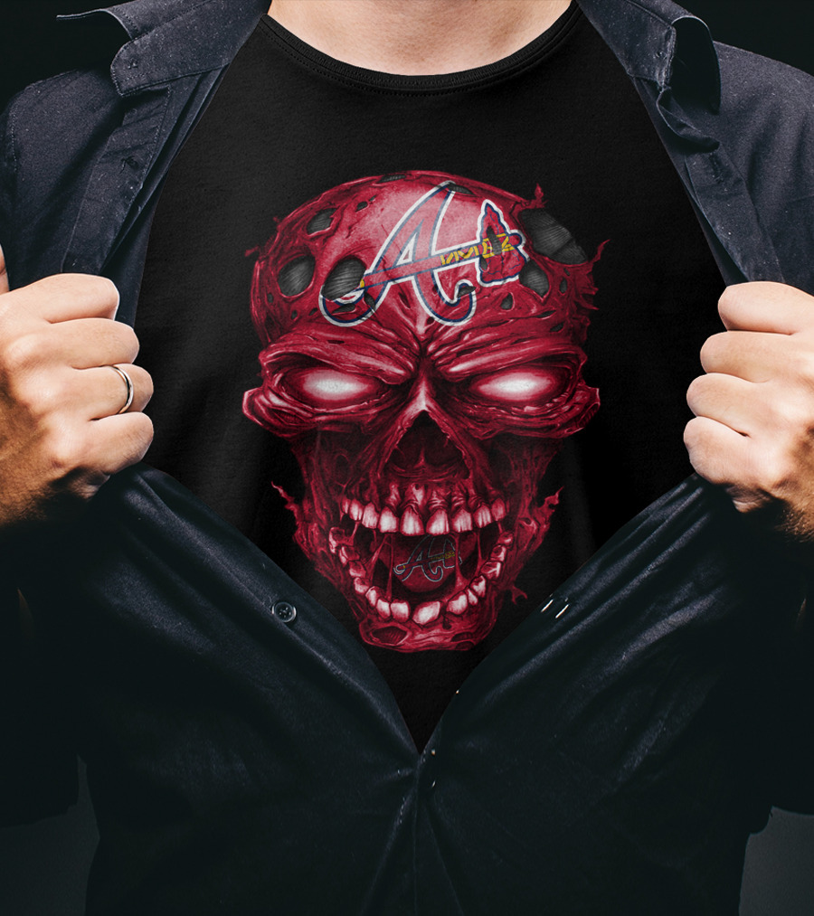 Atlanta Braves Red Skull With Team Logo And Tomahawk T-Shirt