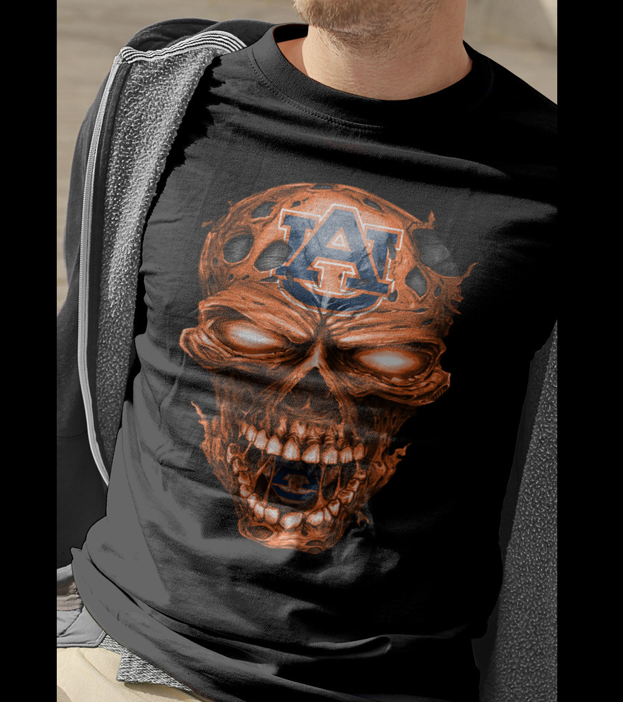 Auburn Tigers Skull With Auburn Logo And Fiery Eyes T-Shirt