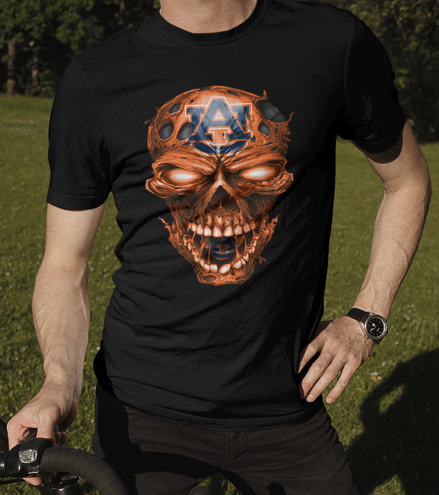Auburn Tigers Skull With Auburn Logo And Fiery Eyes T-Shirt