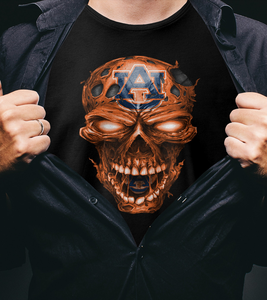 Auburn Tigers Skull With Auburn Logo And Fiery Eyes T-Shirt