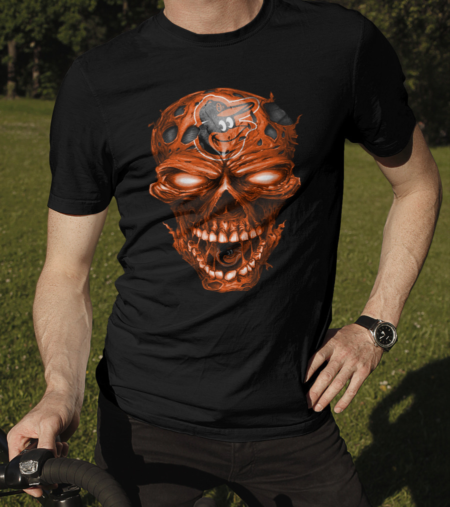 Baltimore Orioles Logo On Orange Skull T-Shirt